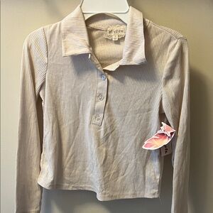 btween Ribbed Polo Long Sleeve Top in Beige